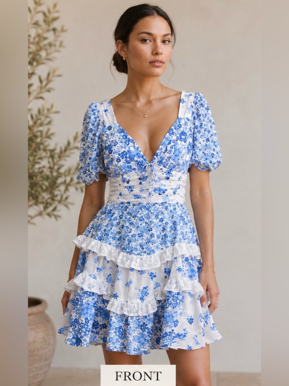 Altar’d State Aderny Blue White Floral Mini Dress Small NWT Lace Puff Sleeve